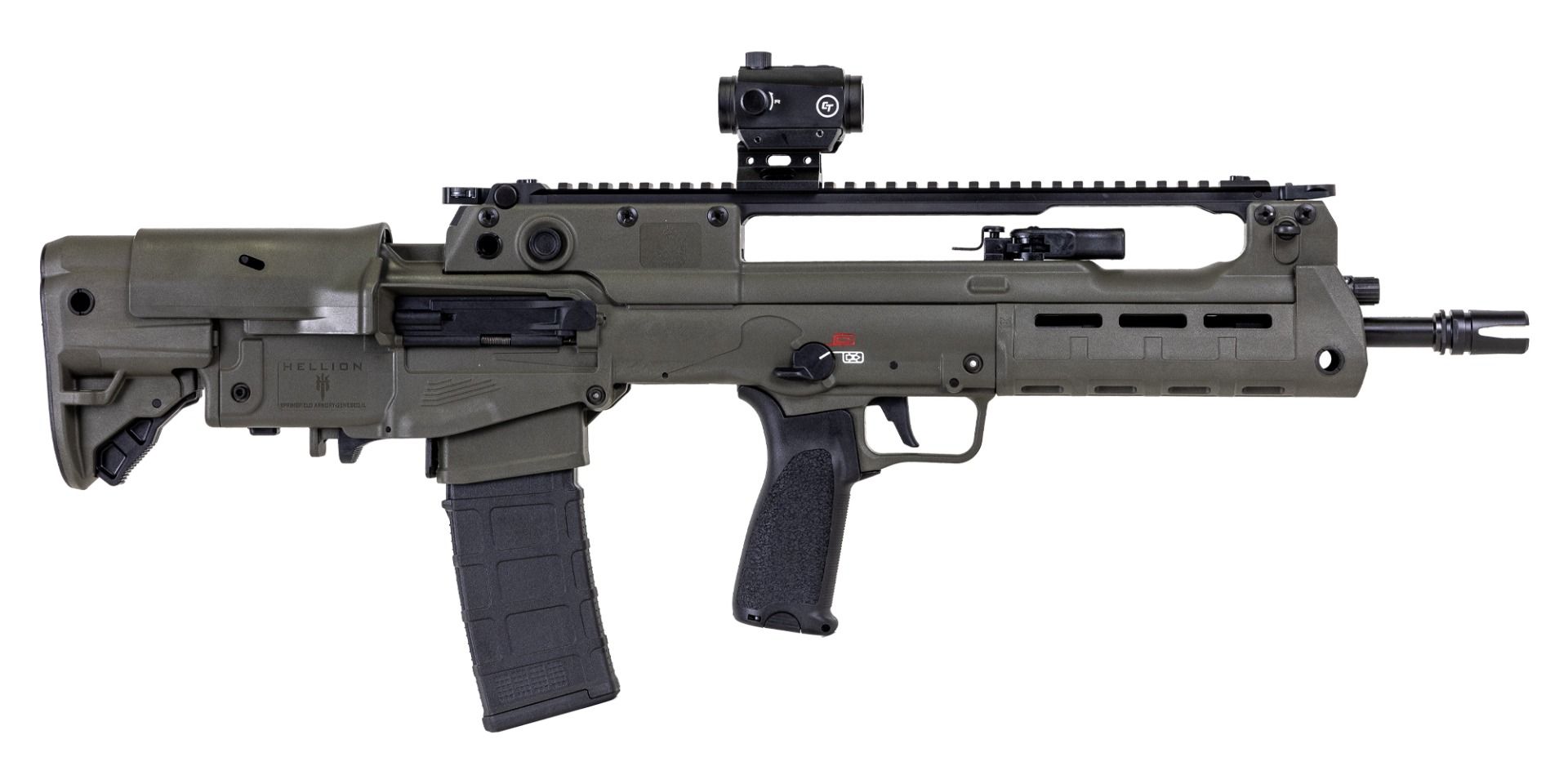 Hellion, 5.56 NATO, 16" Threaded Barrel, CTS-103 Red/Green Dot, Flip Up Sights, Sling, ODG, (2) 30-rd GEAR UP