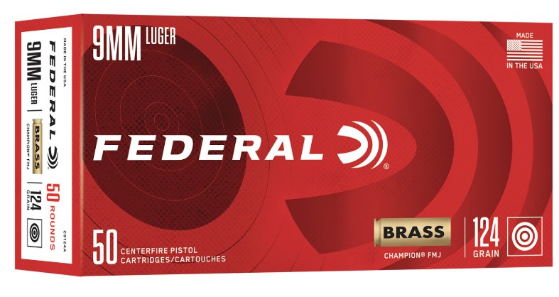 Champion, 9mm Luger, 124 Grain, FMJ, Brass, 50/Box