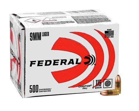 Champion, 9mm Luger, 115 Grain, FMJ, Brass, 500/Case (Bulk)