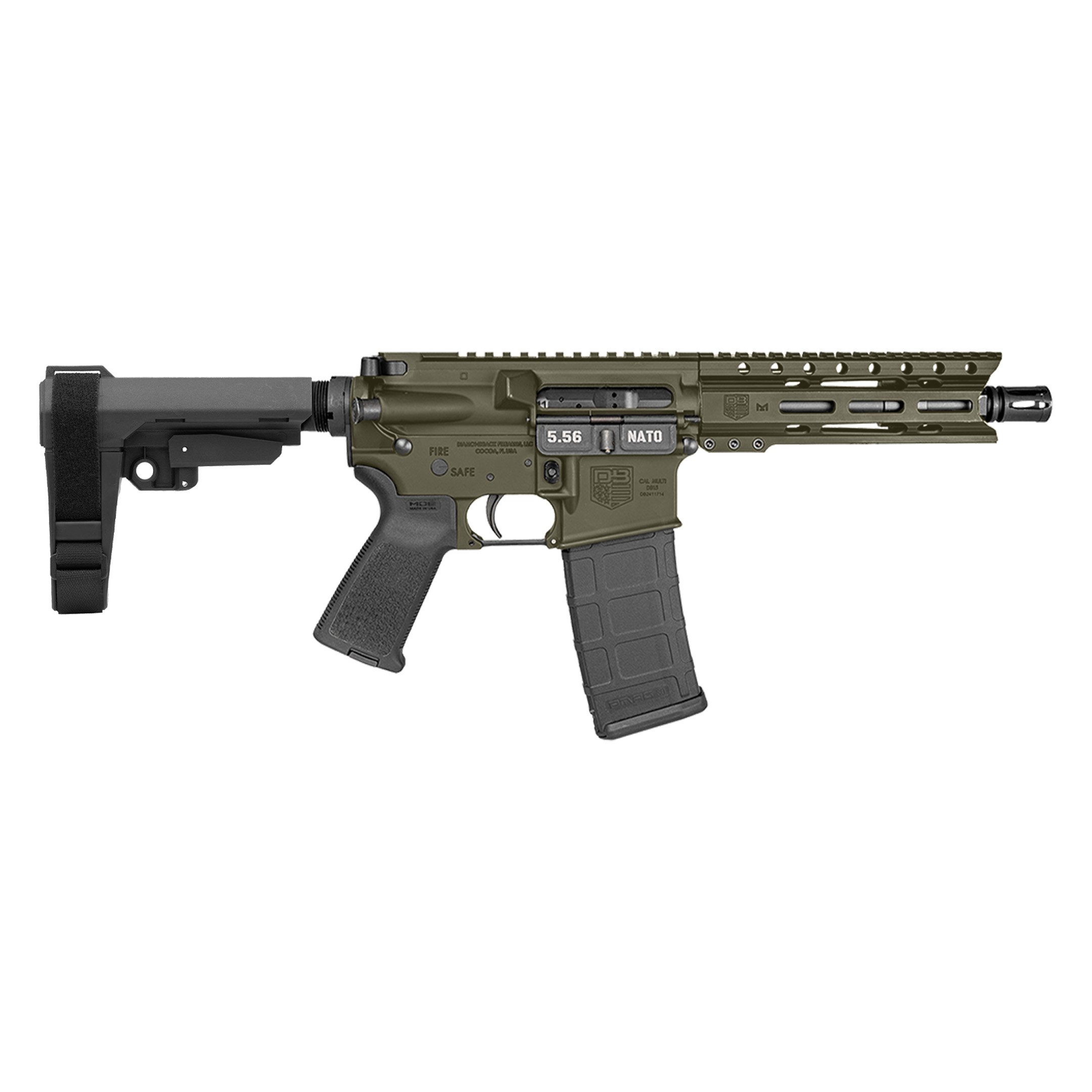 DB15 Pistol Carbon Series, 5.56 NATO, 7" Threaded Barrel, SBA3 Brace, Magpul MOE Grip, OD Green, 30-rd