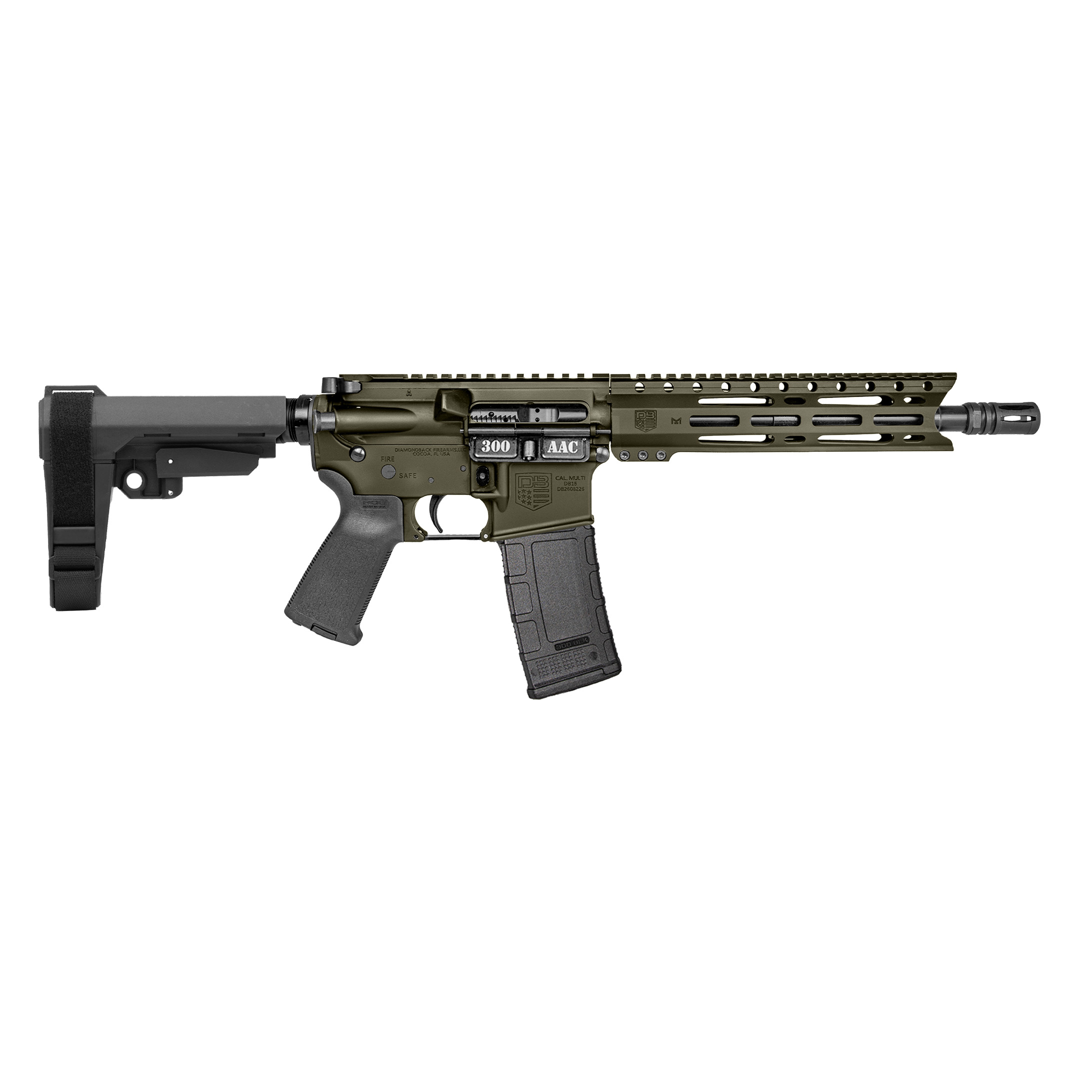 DB15 Pistol Carbon Series,.300 BLK, 10" Threaded Barrel, SBA3 Brace, Magpul MOE Grip, OD Green, 30-rd