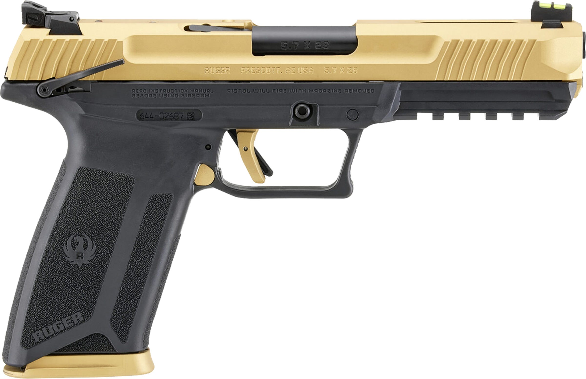 Ruger-5.7, 5.7x28mm, 4.94" Barrel, Fiber Optic Sights, Gold, Black, 20-rd, TALO