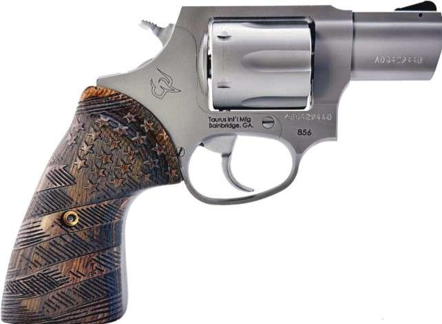 Model 856, .38 Special, 2" Barrel, Matte Stainless, US Flag Custom Wood Grips, 6-rd