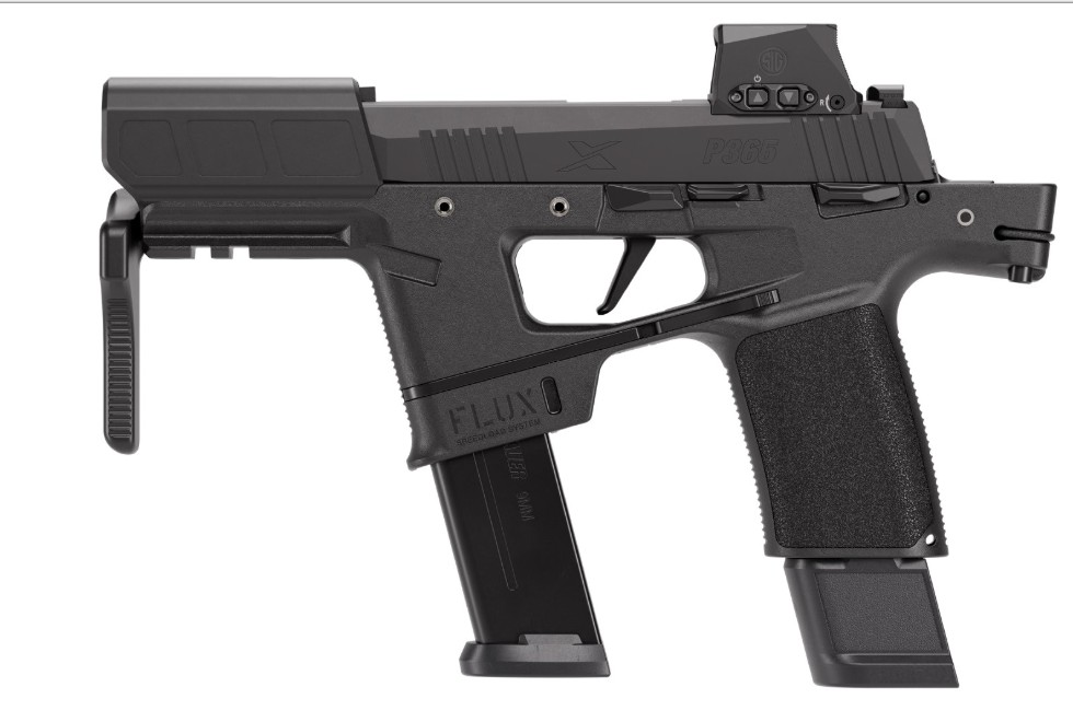P365 FLUX RXSL, 9mm, 6" Barrel, ROMEOX Compact SIG-LOC Optic, Brace, Black, (2) 17-rd & (1) 25-rd