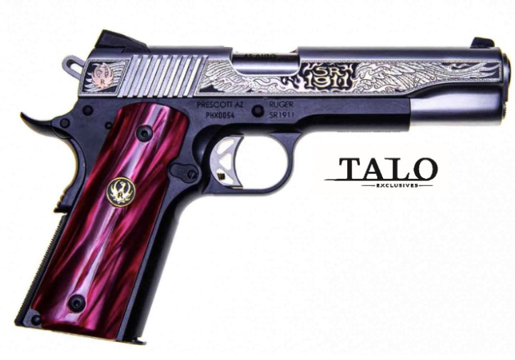 SR1911 Phoenix, .45 ACP, 5", Engraved, Stainless, Black, Red Pearl Grips, (1) 7-rd & (1) 8-rd, TALO