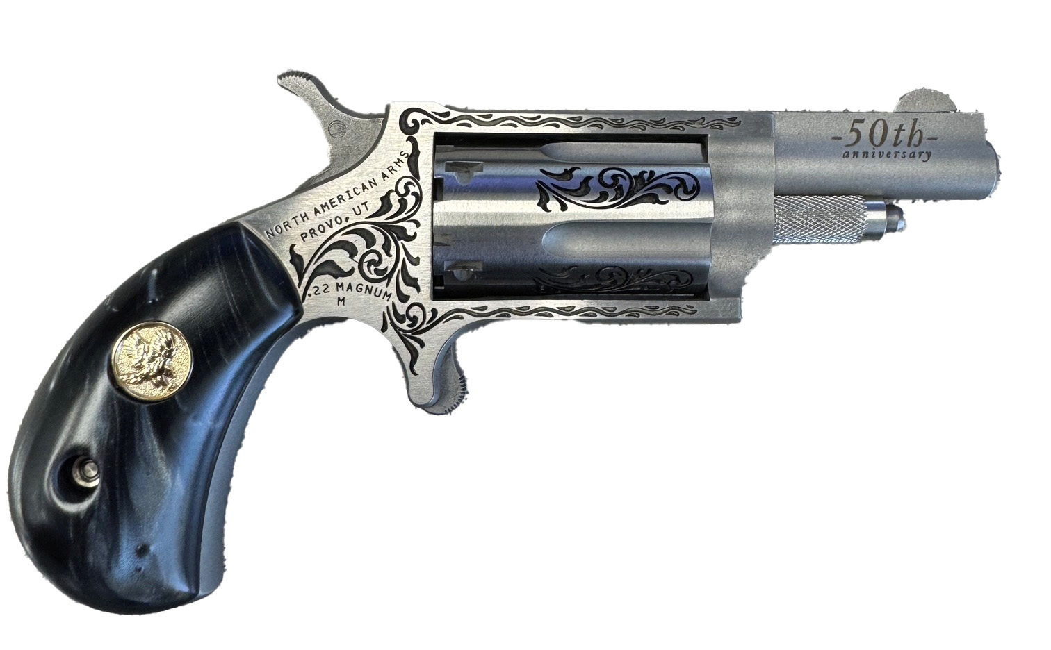 Mini-Revolver 50th Anniversary, .22 Mag, 1.63" Barrel, Engraved Stainless, Black Pearl Grip, 5-rd
