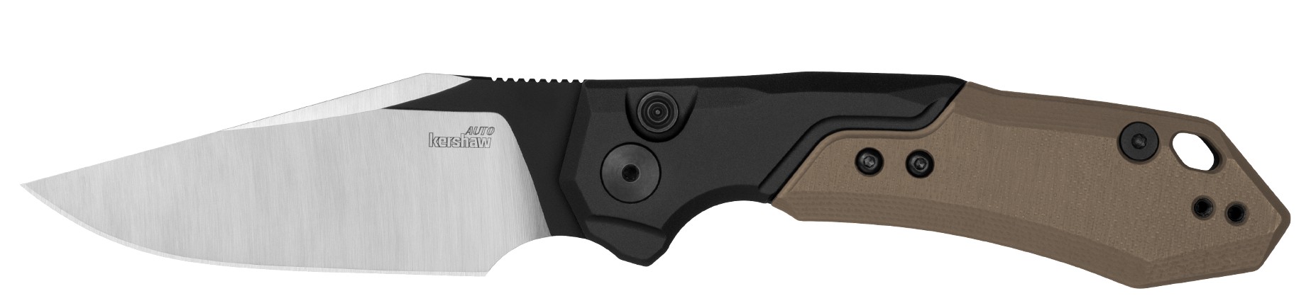 Launch 19, 3.3", Clip Point, Pocketknive, Satin Grind/Earth Brown-Blk Aluminum Handle, Push Button