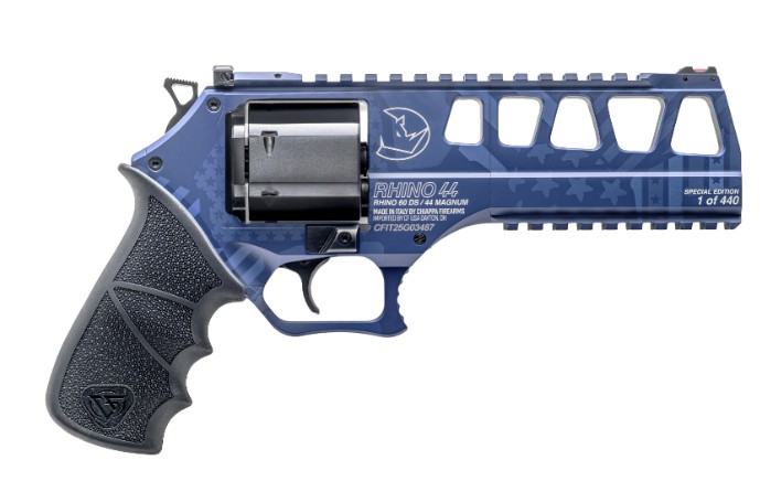 RHINO 60DS Special, .44 Mag, 6" Barrel, Fiber Optic Front, Hogue Grips, Navy Blue, Flag, 6-rd