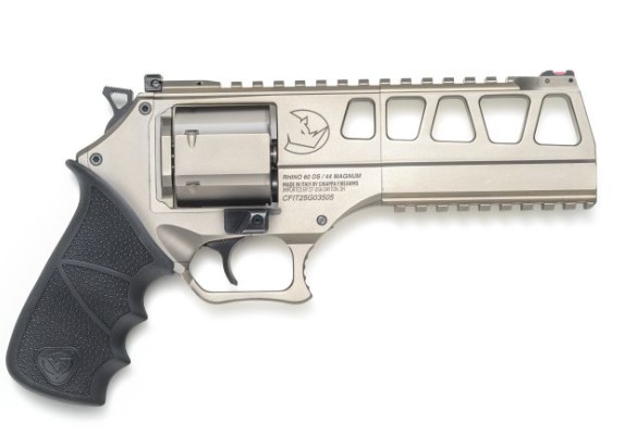 RHINO 60DS, .44 Mag, 6" Barrel, Fiber Optic Front, Hogue Grips, Nickel, 6-rd