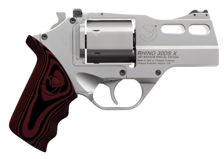 RHINO 30 DSX, .357 Mag, 3" Barrel, Fiber Optic Front, Small G10 Blk/Red Grips, Stainless, 3 Moon Clips, 6-rd
