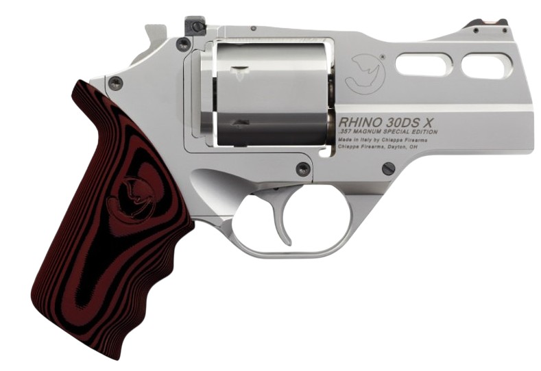 RHINO 30SAR X, .357 Mag, 3" Barrel, Fiber Optic Front, Small G10 Blk/Red Grips, Stainless, 3 Moon Clips, 6-rd