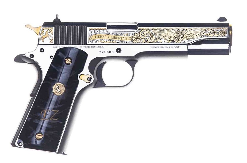 1911 Classic Government, Zapata, .38 Super, 5", Eng Gold Accents, Polished Stainless, Black, 9-rd, TALO