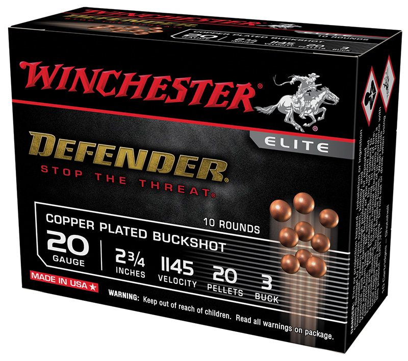 Defender Copper Plated Buckshot, 20 Gauge, 2 3/4" 20 Pellets, #3 Buckshot, 10/Box