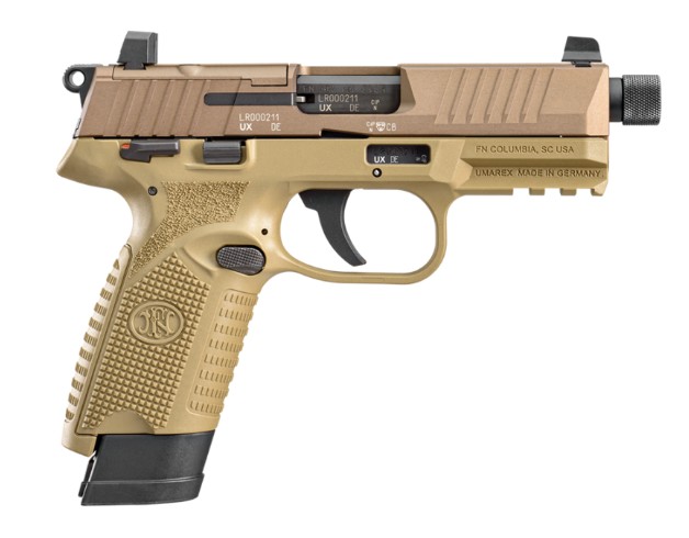 FN 502 Tactical, .22LR, 4.6" TB, OR, FDE, (1) 10-rd & (1) 15-rd