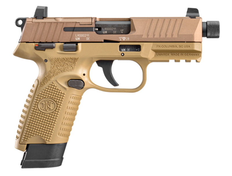 FN 502 Tactical, .22LR, 4.6" TB, OR, FDE, (2) 10-rd