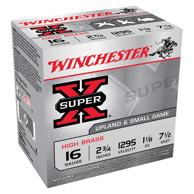 Super-X High Brass, 16 Gauge, 2 3/4" 1 1/8 oz, #7.5 Shot, 25/Box