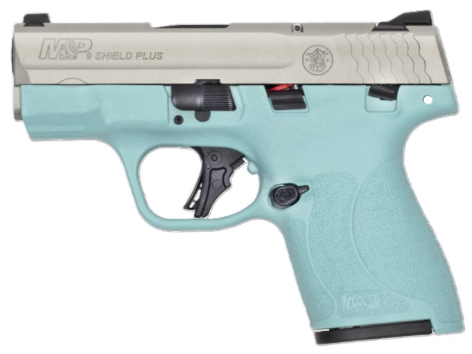 M&P Shield Plus, 9mm, 3.1" Barrel, White Dot, Thumb Safety, Stainless, Robin Egg Blue, (2) 10-rd, IVS Exclusive, Compliant