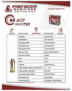 .45 ACP, TUI, Solid Copper, 180 Grain, 20/Box